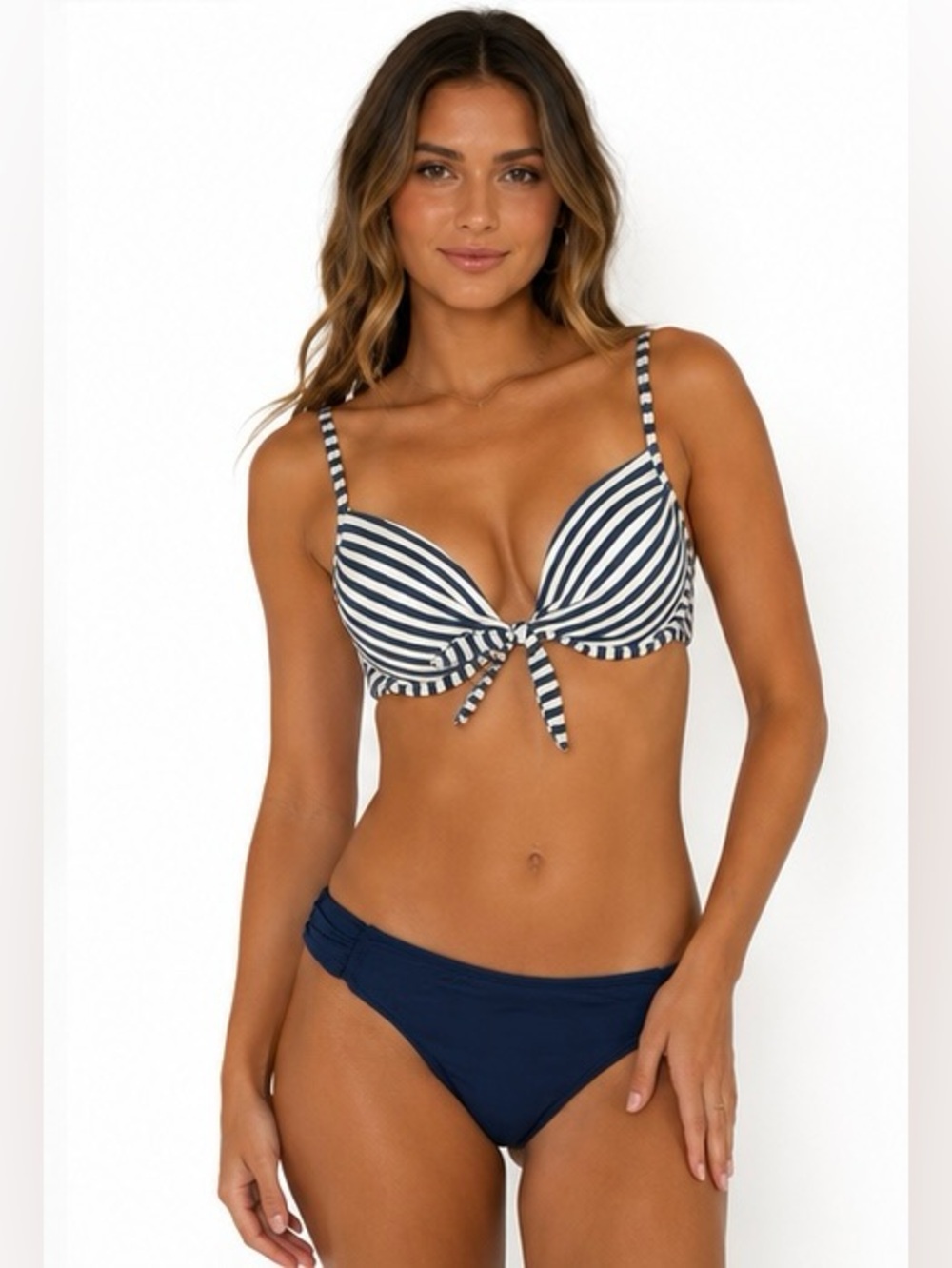 White and navy blue striped top bikini with navy blue bottoms